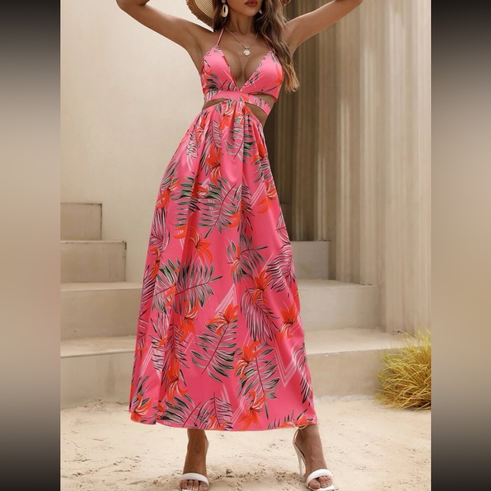 Tropical print backless dress.